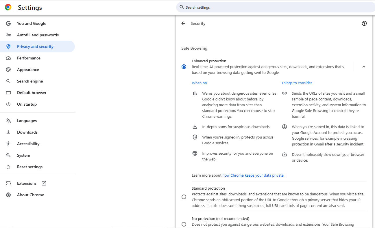 using chrome enhanced protection