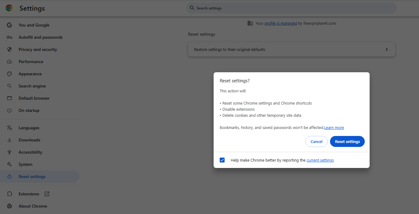Reseting chrome to original settings